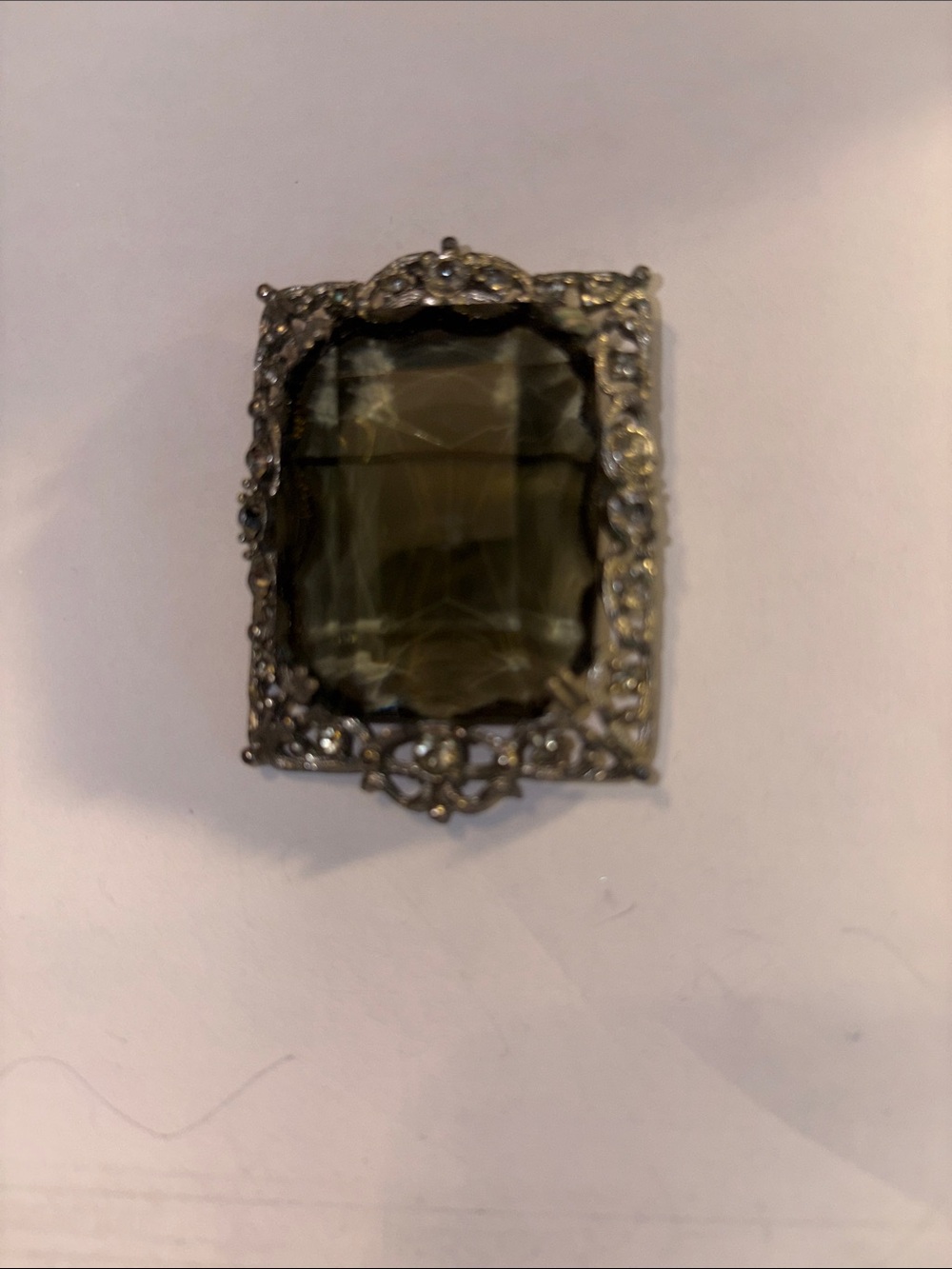 Sarah Coventry Smoky Green Glass Stone Filigree Brooch